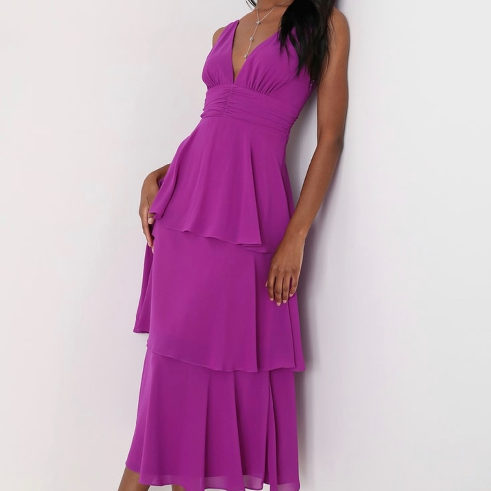 Celebration Time Purple Sleeveless Tiered Midi Dress